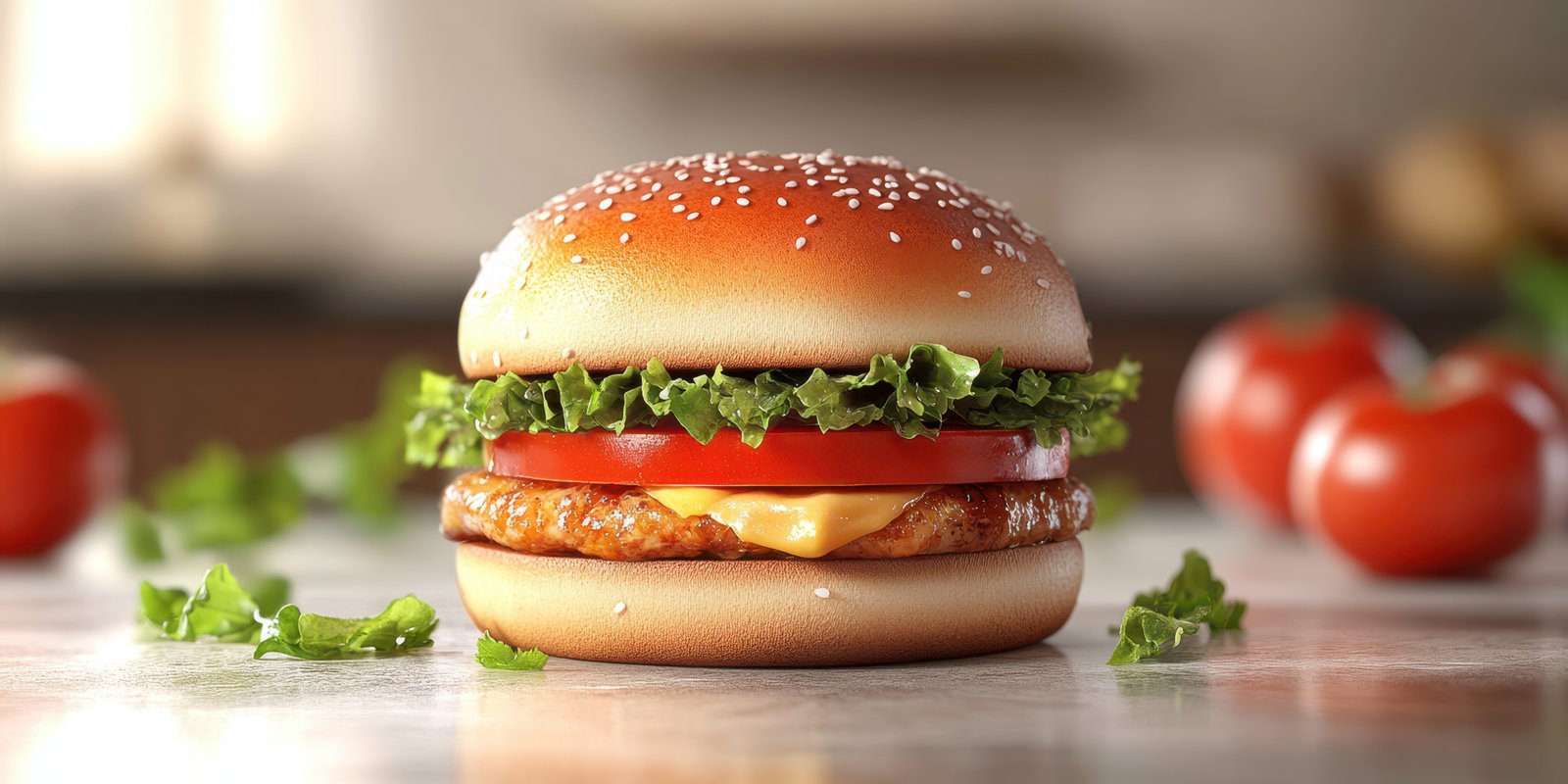 Delicious burger with fresh vegetables and melted cheese on a marble countertop in a cozy kitchen setting